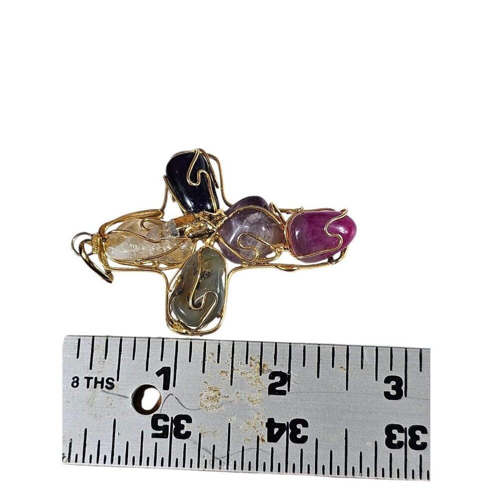 Multi Stone Cross Pendant Gold Tone Wire Wrapped Amethyst Quartz Agate Boho 3in - Picture 2 of 7